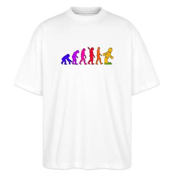 Klemmbaustein Evolution Menschheit Noppenbaustein - Stanley/Stella Oversized Unisex Bio T-Shirt Blaster 2.0 - Weiß - Vorne - Alina (178cm) & Michal (187cm)