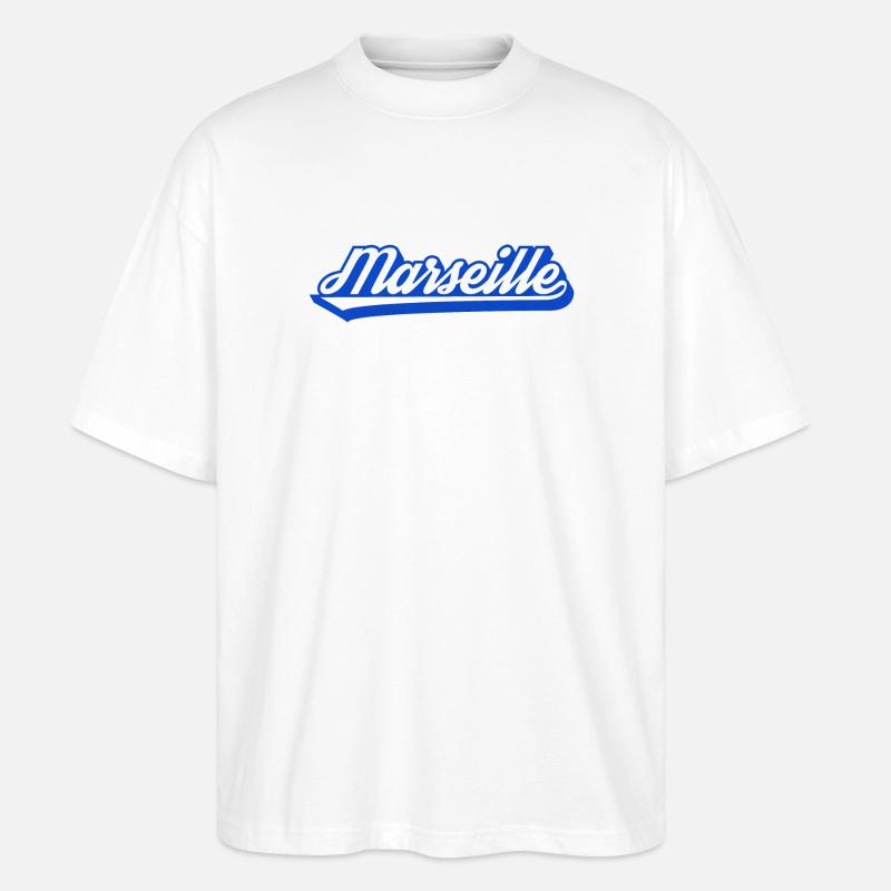 Marseille Rétro Blue Script - T-shirt bio Blaster 2.0 coupe oversize Stanley/Stella Unisexe - blanc