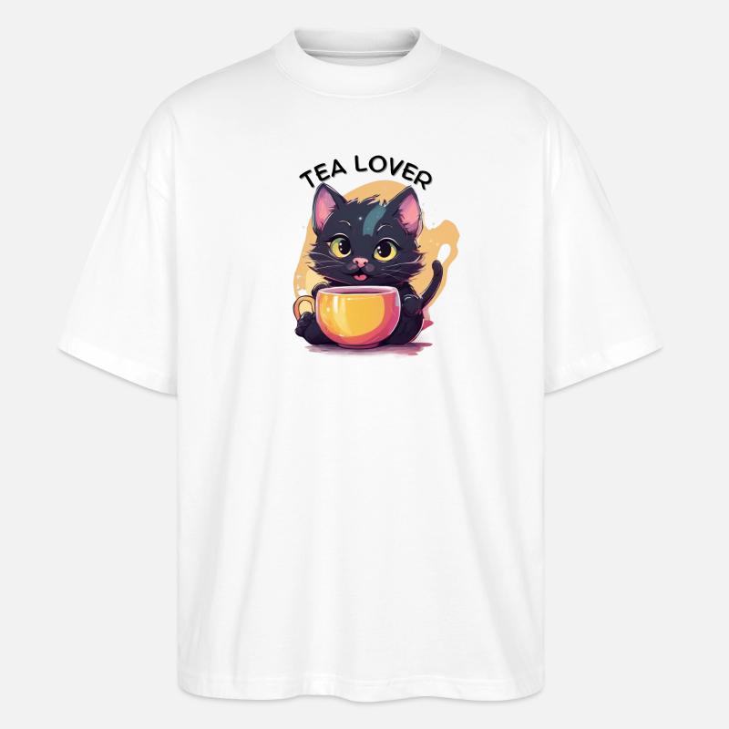 Katze mit Tee - Stanley/Stella Oversized Unisex Bio T-Shirt Blaster 2.0 - Weiß