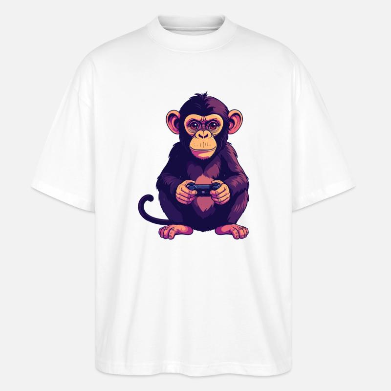 Monkey on controller playing console gaming - Stanley/Stella Oversized Unisex Organic T-shirt Blaster 2.0 - white