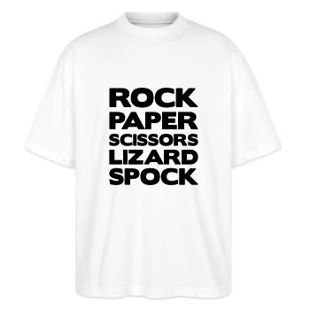 RockPaper - Stanley/Stella Oversized Unisex Bio T-Shirt Blaster 2.0 - Weiß - Vorne - Alina (178cm) & Michal (187cm)