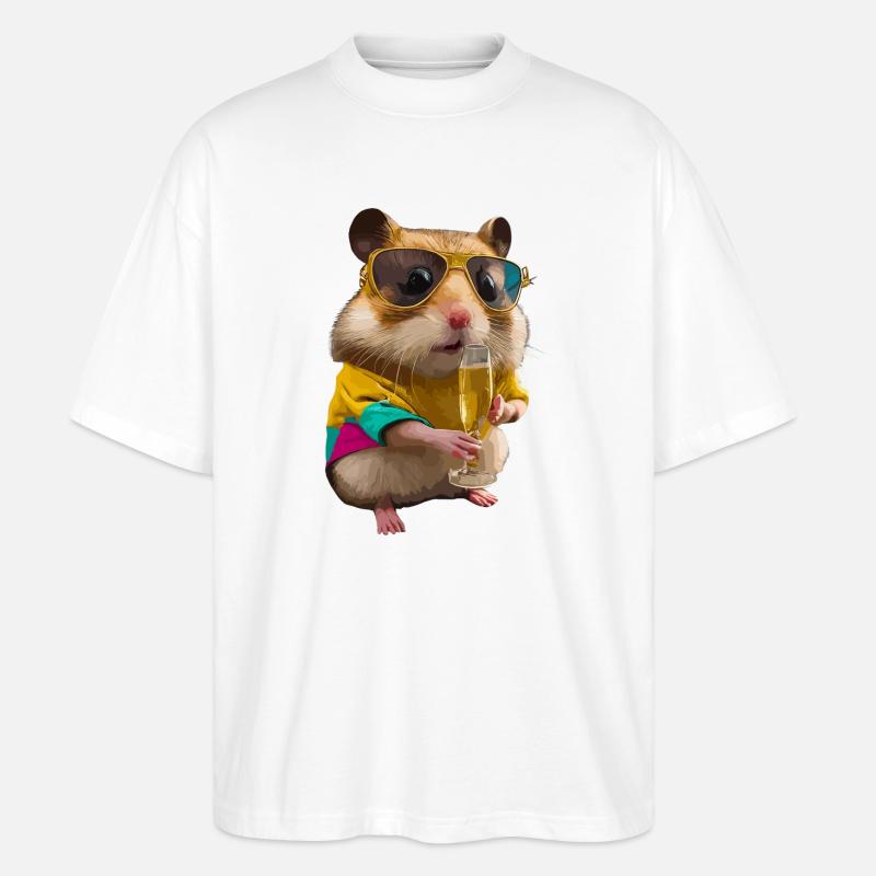 Chilliger Hamster mit Sonnenbrille und Sekt - Stanley/Stella Oversized Unisex Bio T-Shirt Blaster 2.0 - Weiß