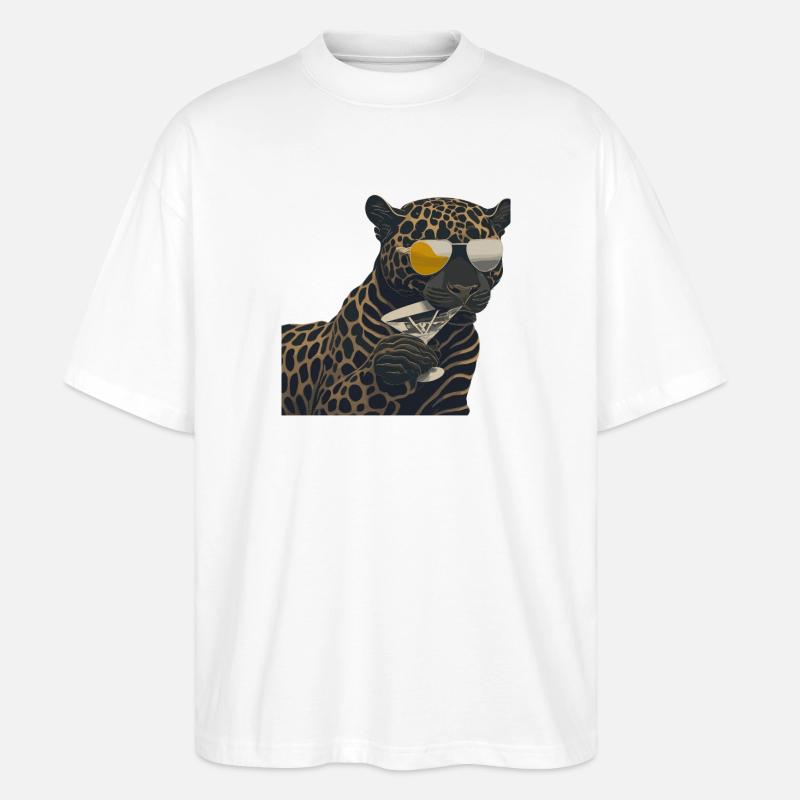 Cooler Leopard mit Sonnenbrille und Glas - Stanley/Stella Oversized Unisex Bio T-Shirt Blaster 2.0 - Weiß