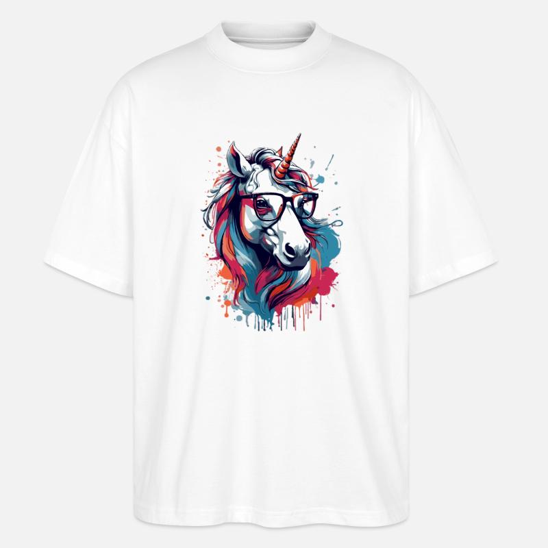 Bunter Einhorn Kunstdruck - Stanley/Stella Oversized Unisex Bio T-Shirt Blaster 2.0 - Weiß