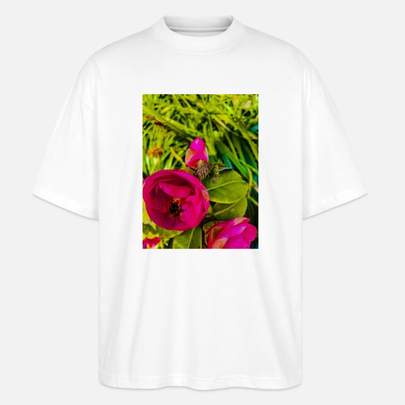 Roses roses dans le jardin vert - T-shirt bio Blaster 2.0 coupe oversize Stanley/Stella Unisexe - blanc