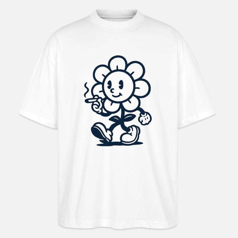 Retro Blumen Maskottchen mit Zigarette Zeichnung - Stanley/Stella Oversized Unisex Bio T-Shirt Blaster 2.0 - Weiß