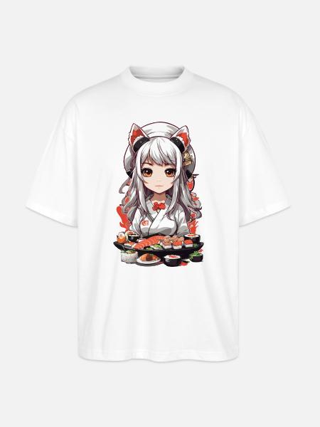 Kawaii Anime Sushi Master con orecchie di gatto - Maglietta articolo ecologico Unisex vestibilità oversize Stanley/Stella Blaster 2.0 - bianco