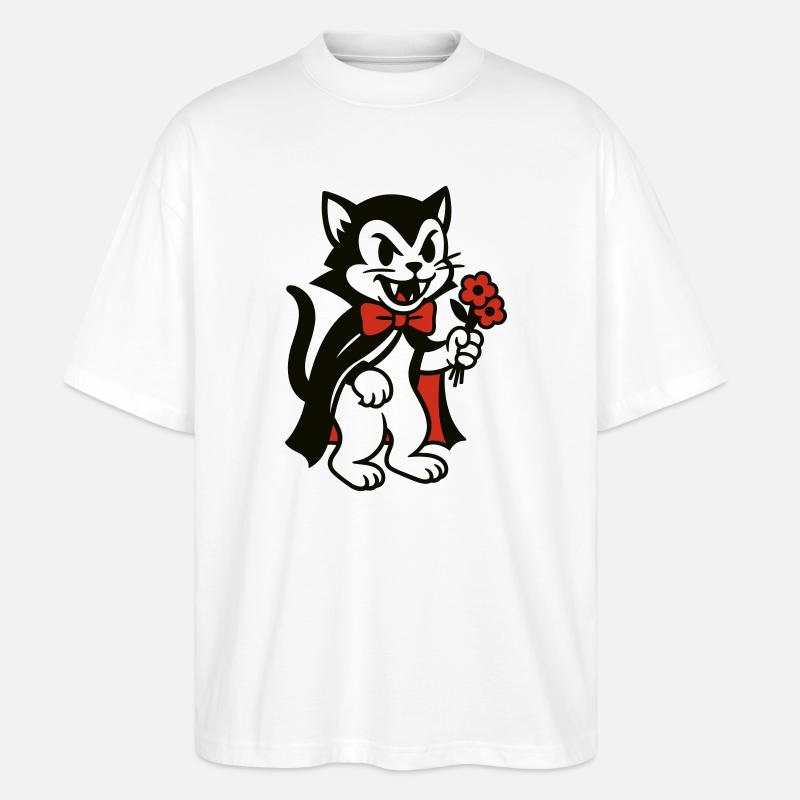 Chat Dracula avec bouquet de fleurs - T-shirt bio Blaster 2.0 coupe oversize Stanley/Stella Unisexe - blanc