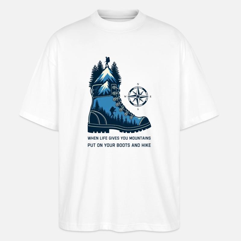 Bergstiefel mit Kompass - Stanley/Stella Oversized Unisex Bio T-Shirt Blaster 2.0 - Weiß