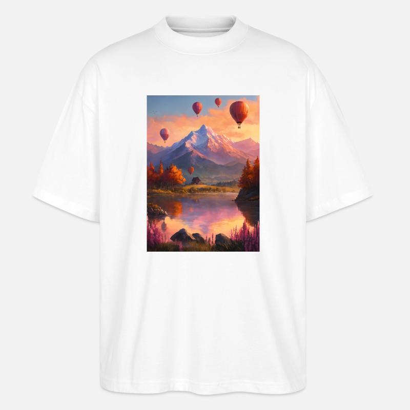 Ballonfahrt  am Bergsee bei Abendrot - Stanley/Stella Oversized Unisex Bio T-Shirt Blaster 2.0 - Weiß