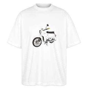 Simson Schwalbe - Stanley/Stella Oversized Unisex Bio T-Shirt Blaster 2.0 - Weiß - Vorne - Alina (178cm) & Michal (187cm)