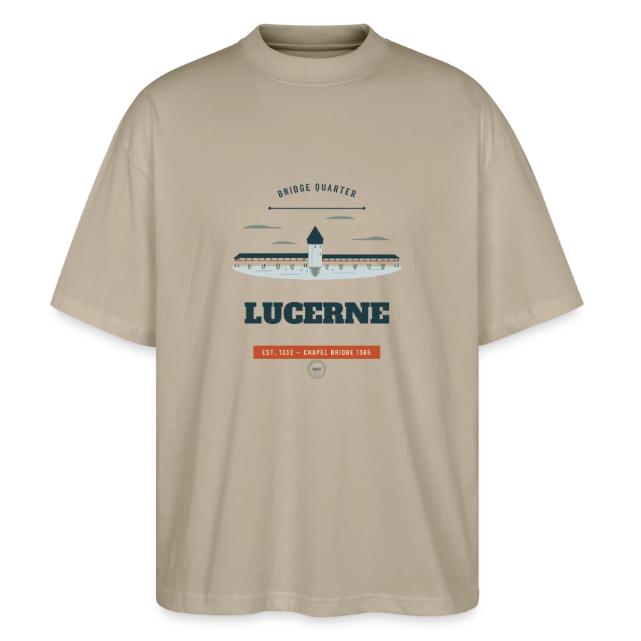 Lucerne badge on a stanley/stella oversized unisex organic t-shirt blaster 2.0, stone