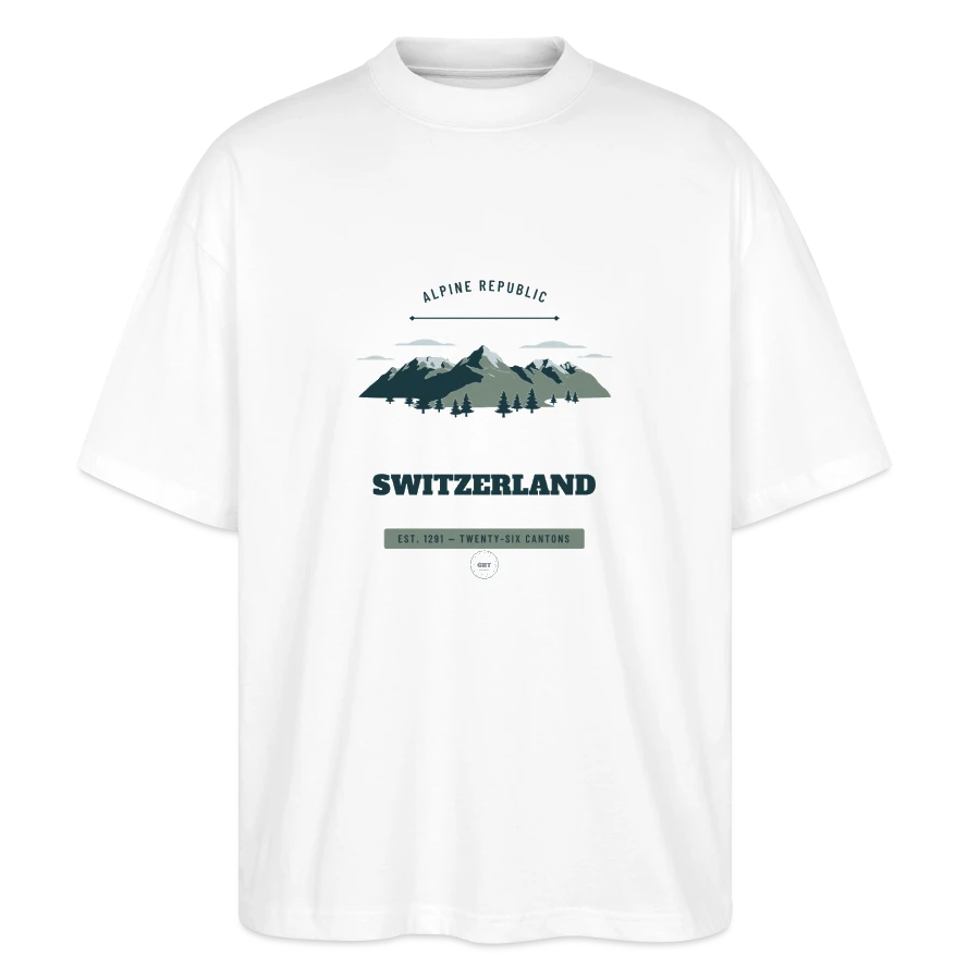 Switzerland badge on a stanley/stella oversized unisex organic t-shirt blaster 2.0, white