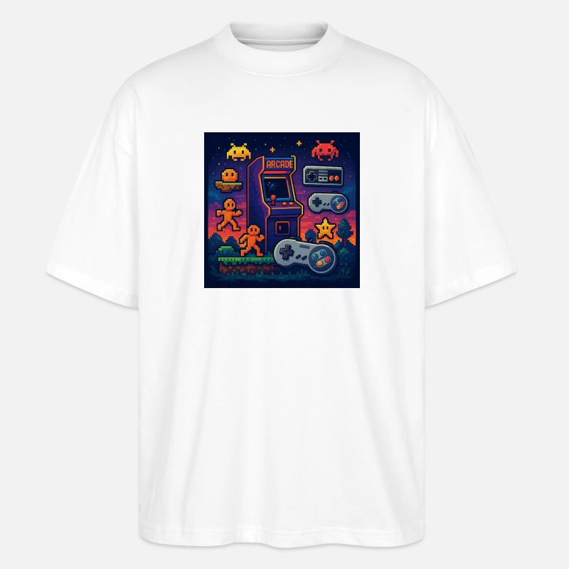 Conception de jeu d’arcade Pixel rétro - T-shirt bio Blaster 2.0 coupe oversize Stanley/Stella Unisexe - blanc