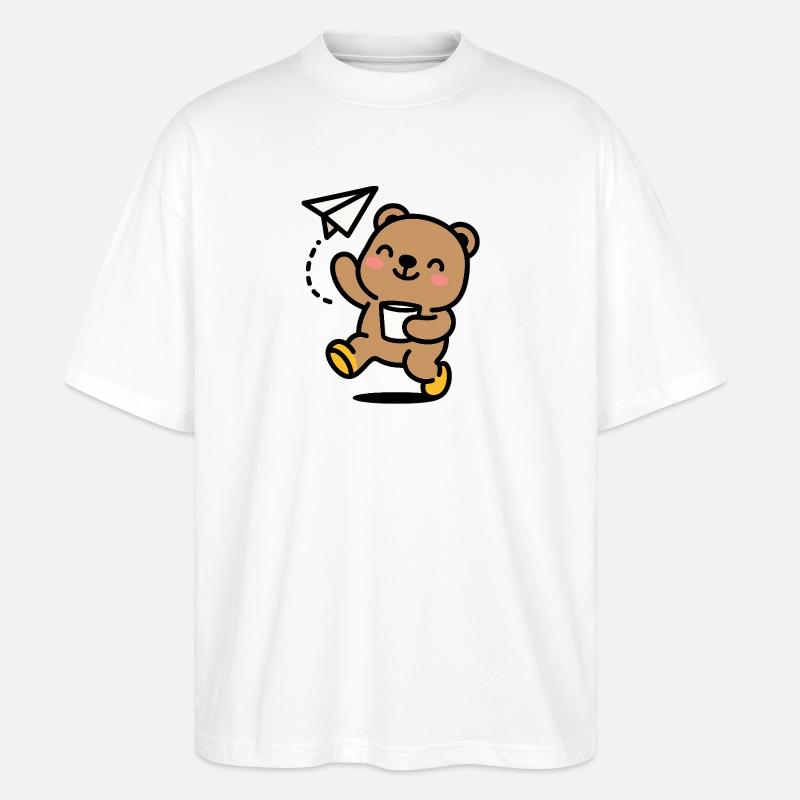 Glücklicher Teddybär mit Papierflieger - Stanley/Stella Oversized Unisex Bio T-Shirt Blaster 2.0 - Weiß