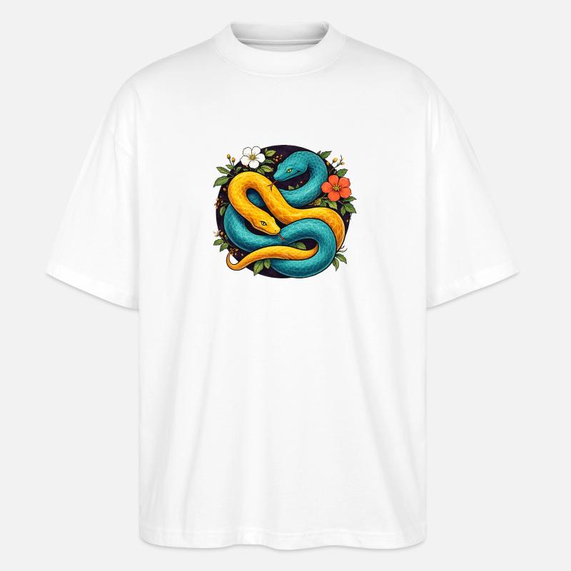 Two Python Snakes in Flower Ring - Stanley/Stella Oversized Unisex Organic T-shirt Blaster 2.0 - white
