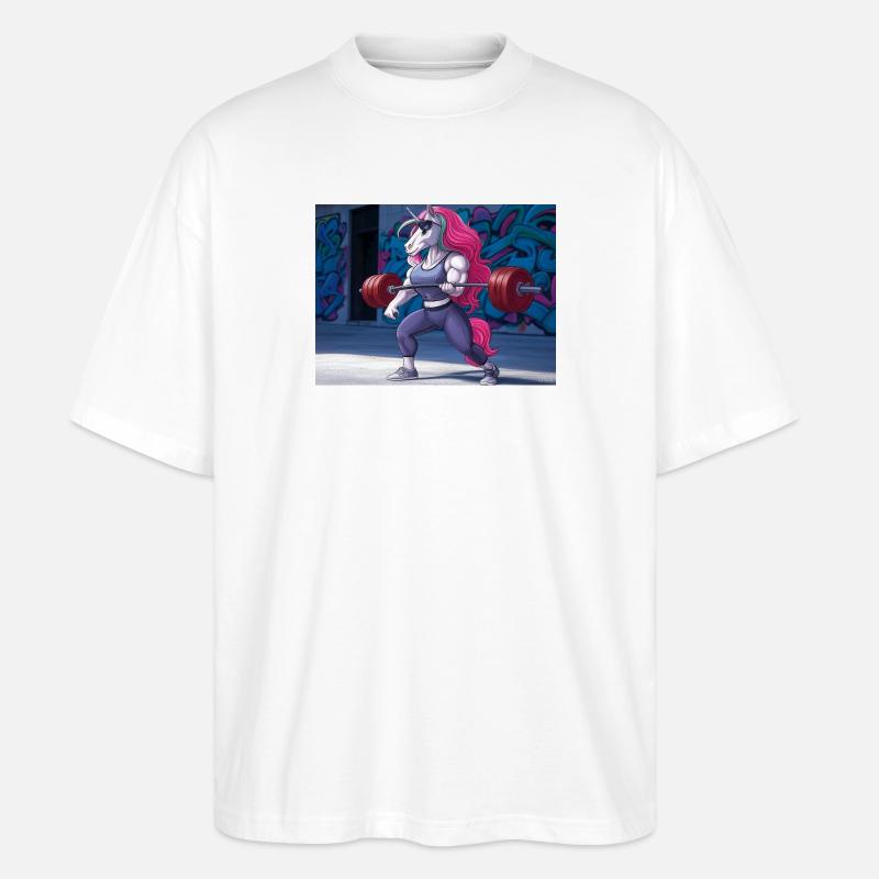 Kraftvolles Einhorn-Training - Stanley/Stella Oversized Unisex Bio T-Shirt Blaster 2.0 - Weiß