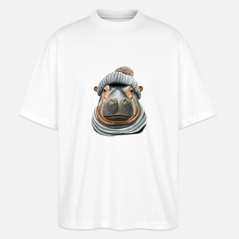 Hippopotamus Bobble Hat - Stanley/Stella Oversized Unisex Organic T-shirt Blaster 2.0 - white