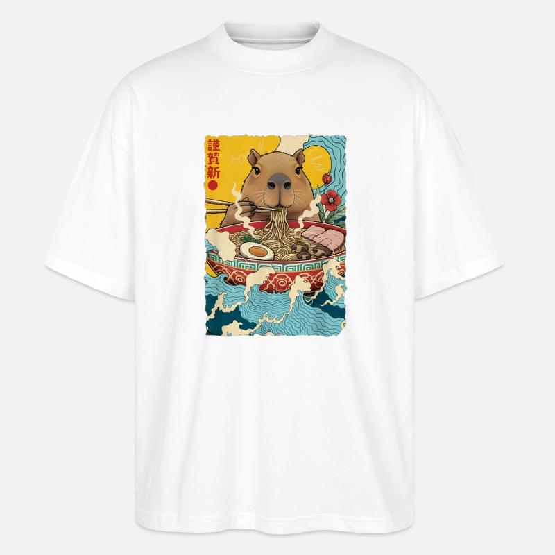 Capybara Eats Ramen Noodles - Stanley/Stella Oversized Unisex Organic T-shirt Blaster 2.0 - white