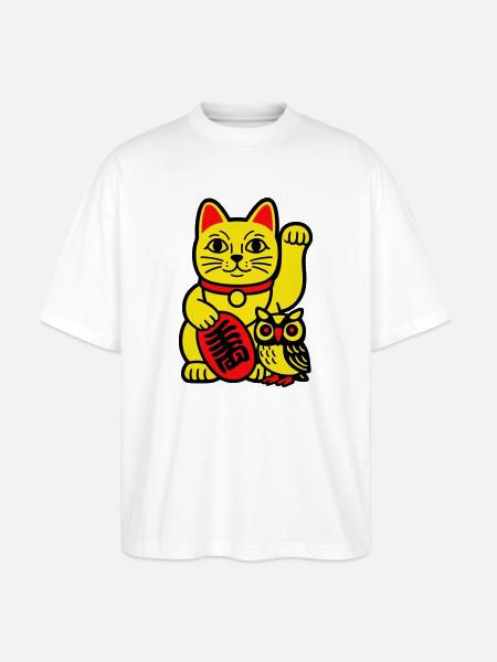 Lucky cat with little owl - Stanley/Stella Oversized Unisex Organic T-shirt Blaster 2.0 - white
