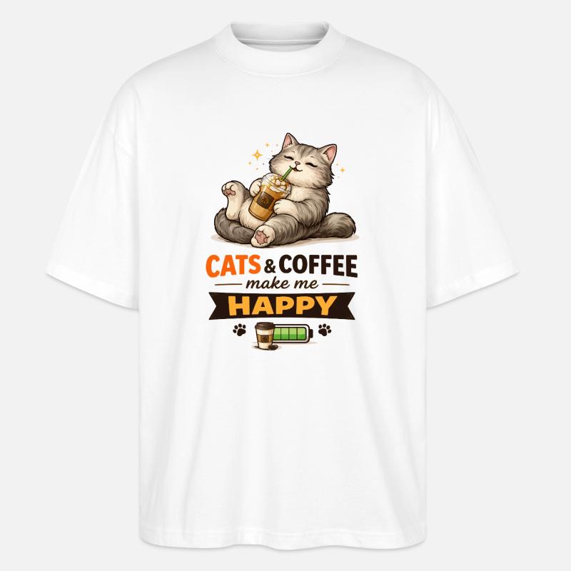 Katzen und Kaffee machen mich glücklich - Stanley/Stella Oversized Unisex Bio T-Shirt Blaster 2.0 - Weiß