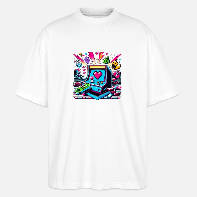 Jeu d’arcade Pixel Art - T-shirt bio Blaster 2.0 coupe oversize Stanley/Stella Unisexe - blanc