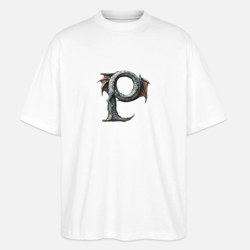 Buchstabe "P" im Drachendesign. - Stanley/Stella Oversized Unisex Bio T-Shirt Blaster 2.0 - Weiß