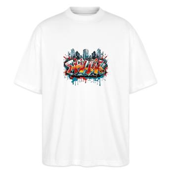 Spraydose-Symphonie einzigartige Grafitti Mode - Stanley/Stella Oversized Unisex Bio T-Shirt Blaster 2.0 - Weiß - Vorne - Alina (178cm) & Michal (187cm)