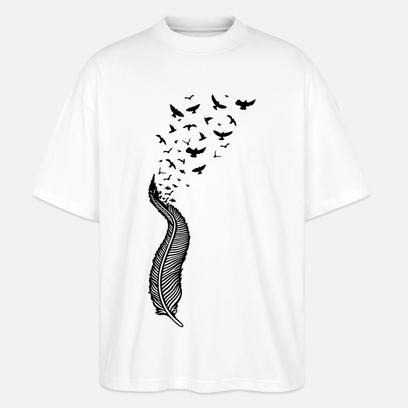 Feder und Vögel, feather with birds - Stanley/Stella Oversized Unisex Bio T-Shirt Blaster 2.0 - Weiß