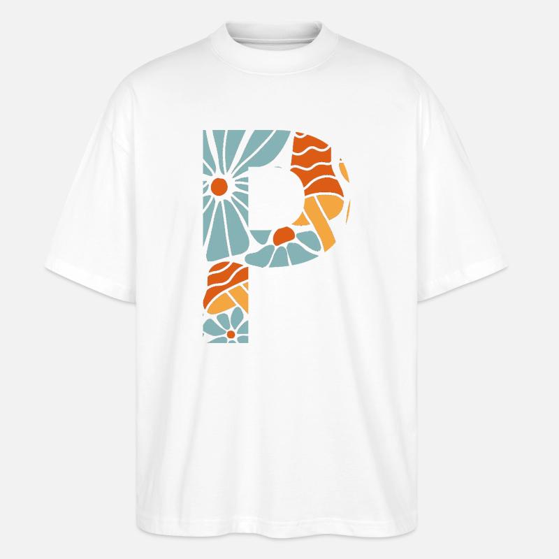 Buchstabe p groovige Blumen Geschenkidee - Stanley/Stella Oversized Unisex Bio T-Shirt Blaster 2.0 - Weiß