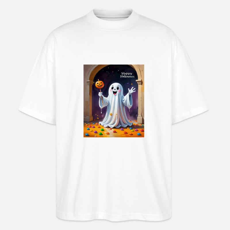 Fantôme joyeux avec citrouille - T-shirt bio Blaster 2.0 coupe oversize Stanley/Stella Unisexe - blanc