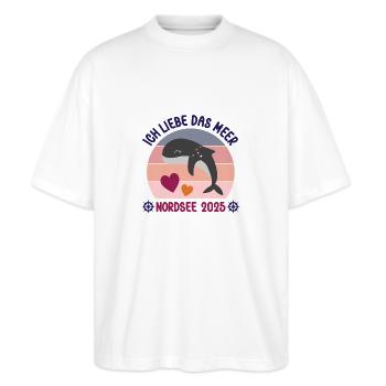 Ich Liebe Das Meer Urlaub An Der Nordsee 2025 - Stanley/Stella Oversized Unisex Bio T-Shirt Blaster 2.0 - Weiß - Vorne - Alina (178cm) & Michal (187cm)