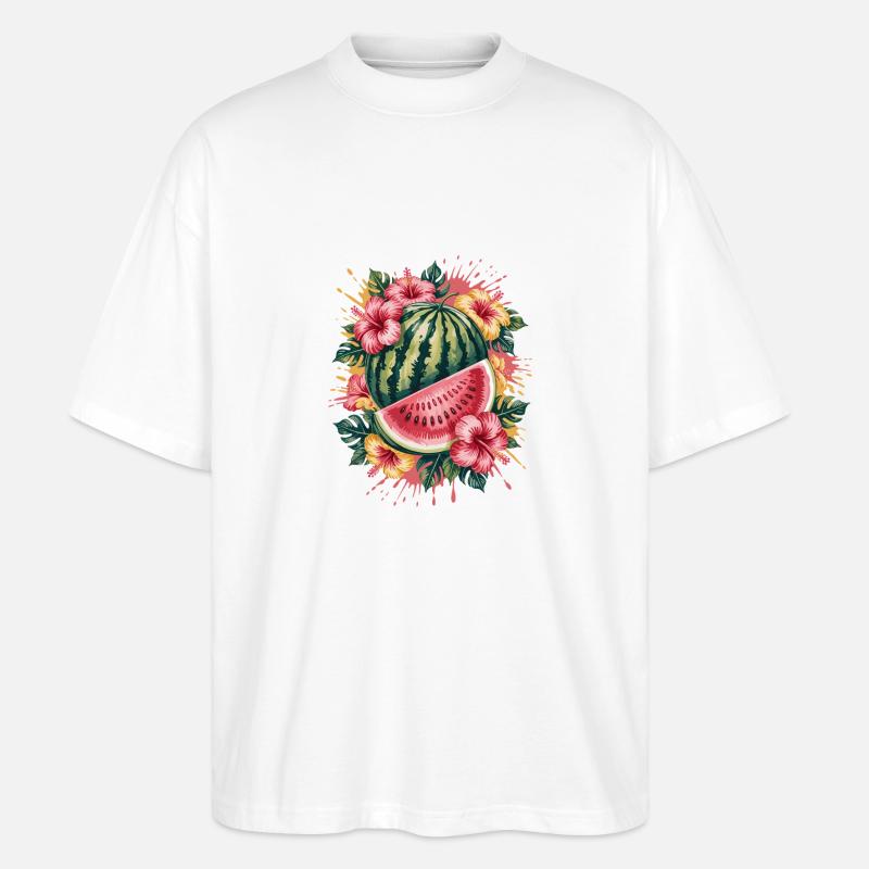 pastèque tropicale hibiscus d’été éclaboussure - T-shirt bio Blaster 2.0 coupe oversize Stanley/Stella Unisexe - blanc