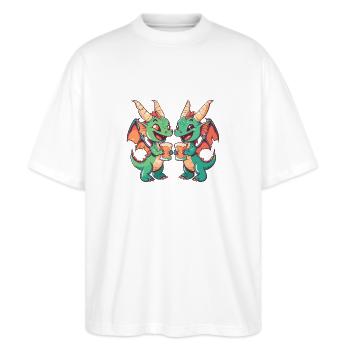 Drache Bier Lustig Party - Stanley/Stella Oversized Unisex Bio T-Shirt Blaster 2.0 - Weiß - Vorne - Alina (178cm) & Michal (187cm)