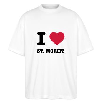 I Love St. Moritz - Stanley/Stella Oversized Unisex Bio T-Shirt Blaster 2.0 - Weiß - Vorne - Alina (178cm) & Michal (187cm)