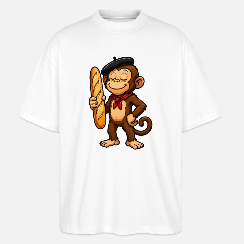 Baguette monkey with beret - Stanley/Stella Oversized Unisex Organic T-shirt Blaster 2.0 - white