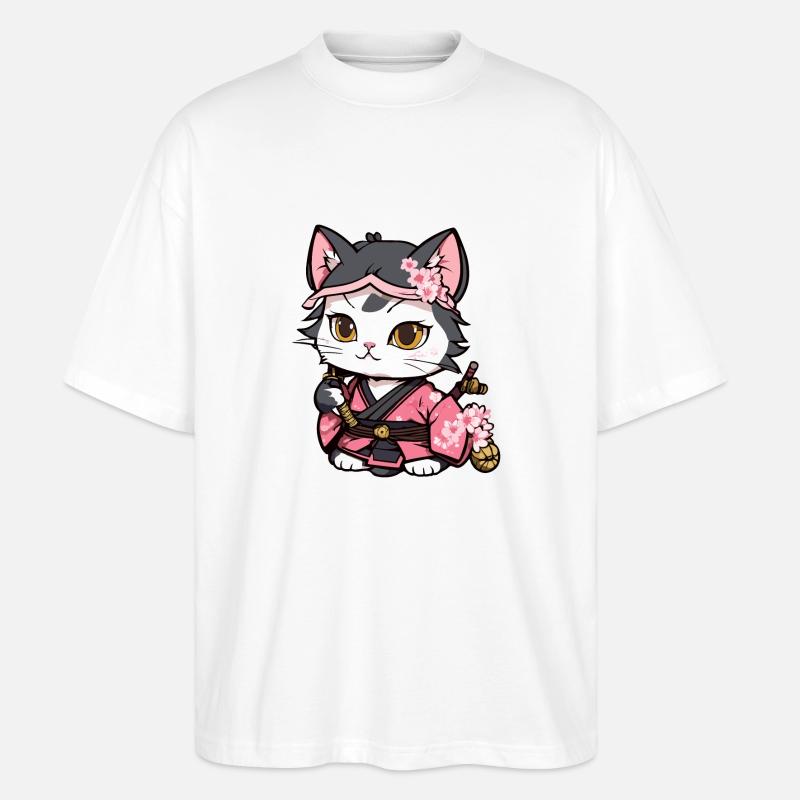 Samurai Katze & Kirschblüten #12 - Stanley/Stella Oversized Unisex Bio T-Shirt Blaster 2.0 - Weiß