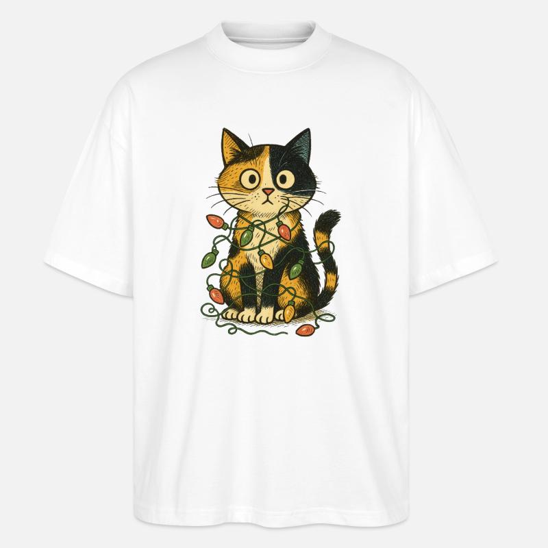 Chat dans les lumières de Noël - T-shirt bio Blaster 2.0 coupe oversize Stanley/Stella Unisexe - blanc