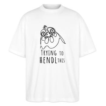 trying to hendl this hühnerliebe dialekt denglisch - Stanley/Stella Oversized Unisex Bio T-Shirt Blaster 2.0 - Weiß - Vorne - Alina (178cm) & Michal (187cm)