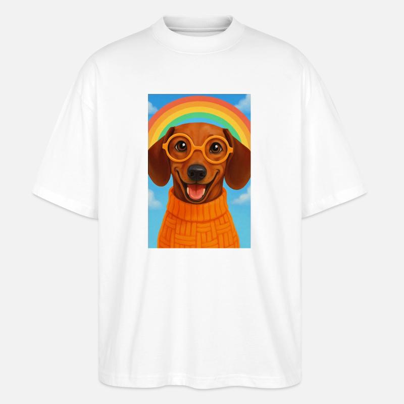 Glücklicher Hund mit Brille und Regenbogen - Stanley/Stella Oversized Unisex Bio T-Shirt Blaster 2.0 - Weiß