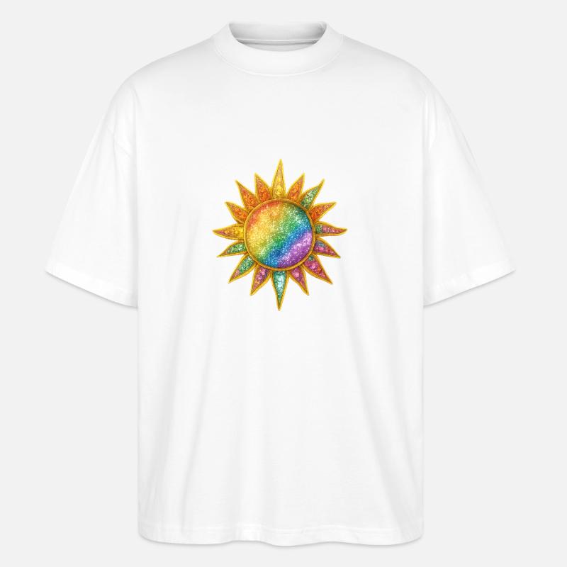 Regenbogen Sunburst Kosmische Anstecknadel - Stanley/Stella Oversized Unisex Bio T-Shirt Blaster 2.0 - Weiß