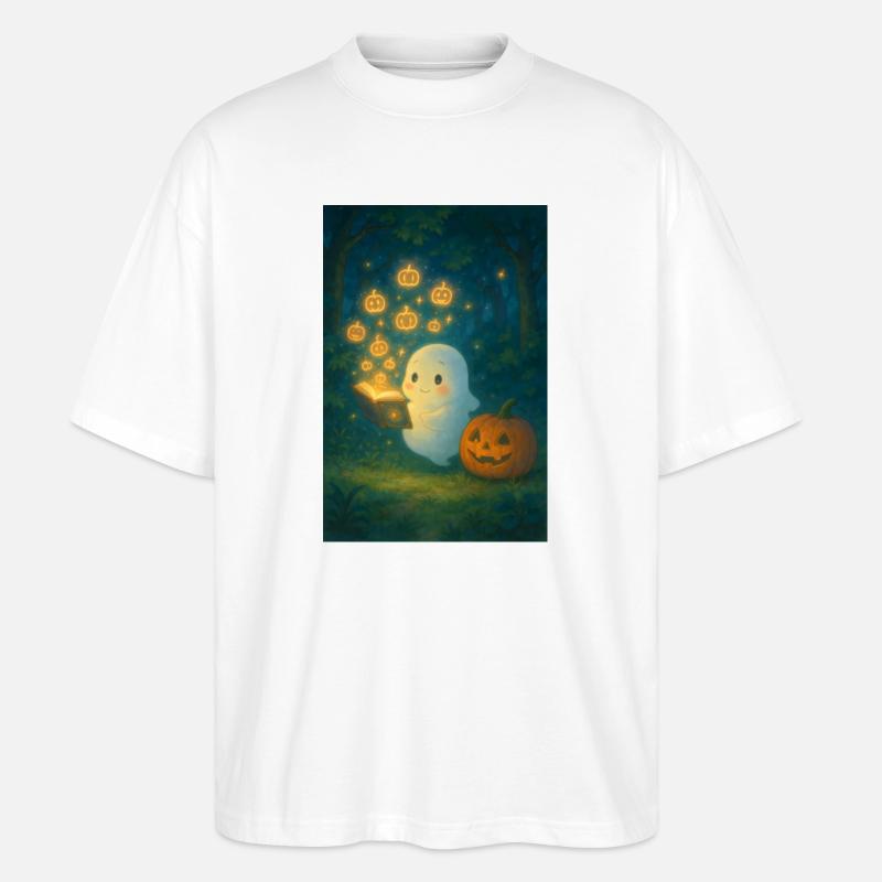 Niedlicher Geist mit Kürbis Buch - Stanley/Stella Oversized Unisex Bio T-Shirt Blaster 2.0 - Weiß