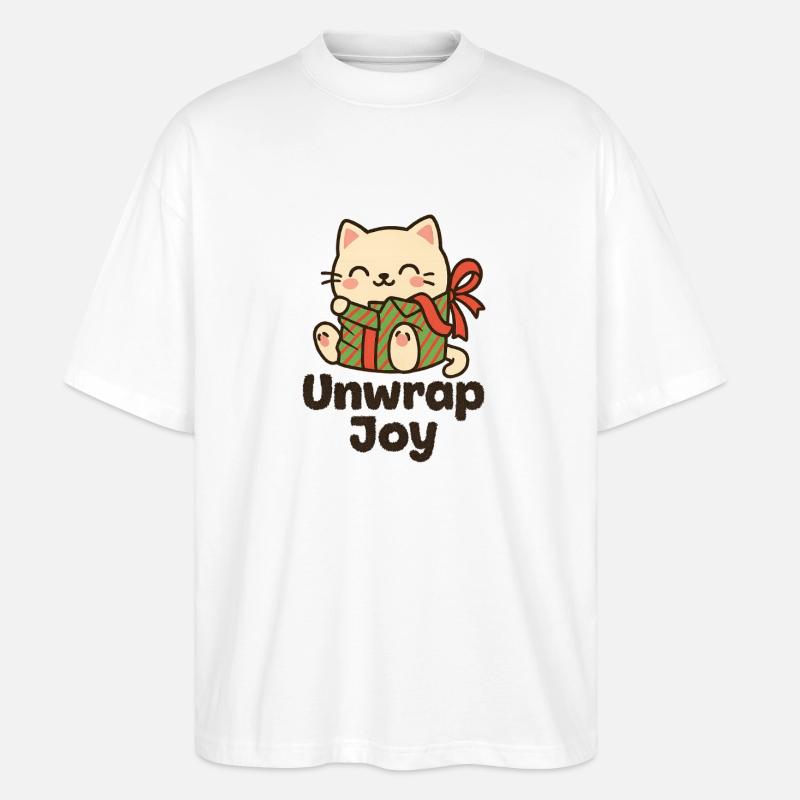 Katz mit Geschenk Unwrap Joy - Stanley/Stella Oversized Unisex Bio T-Shirt Blaster 2.0 - Weiß