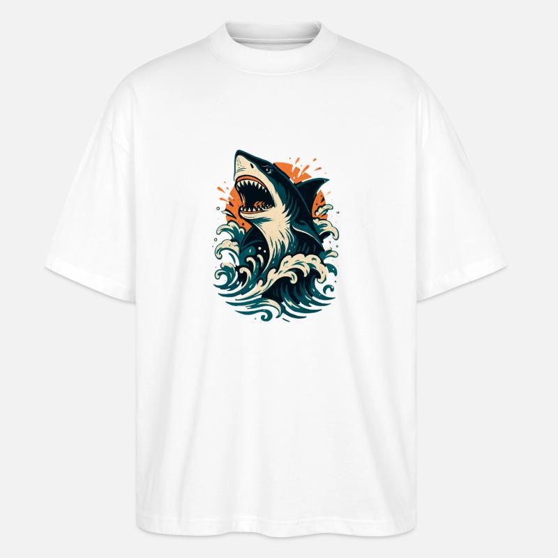 Shark roars through orange waves - Stanley/Stella Oversized Unisex Organic T-shirt Blaster 2.0 - white