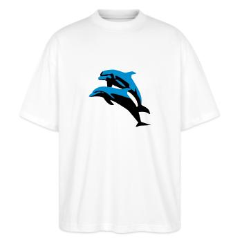 Delfin, Delfine - Dolphin - Stanley/Stella Oversized Unisex Bio T-Shirt Blaster 2.0 - Weiß - Vorne - Alina (178cm) & Michal (187cm)