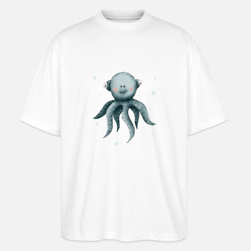 Calmar pieuvre, créatures marines mignonnes - T-shirt bio Blaster 2.0 coupe oversize Stanley/Stella Unisexe - blanc