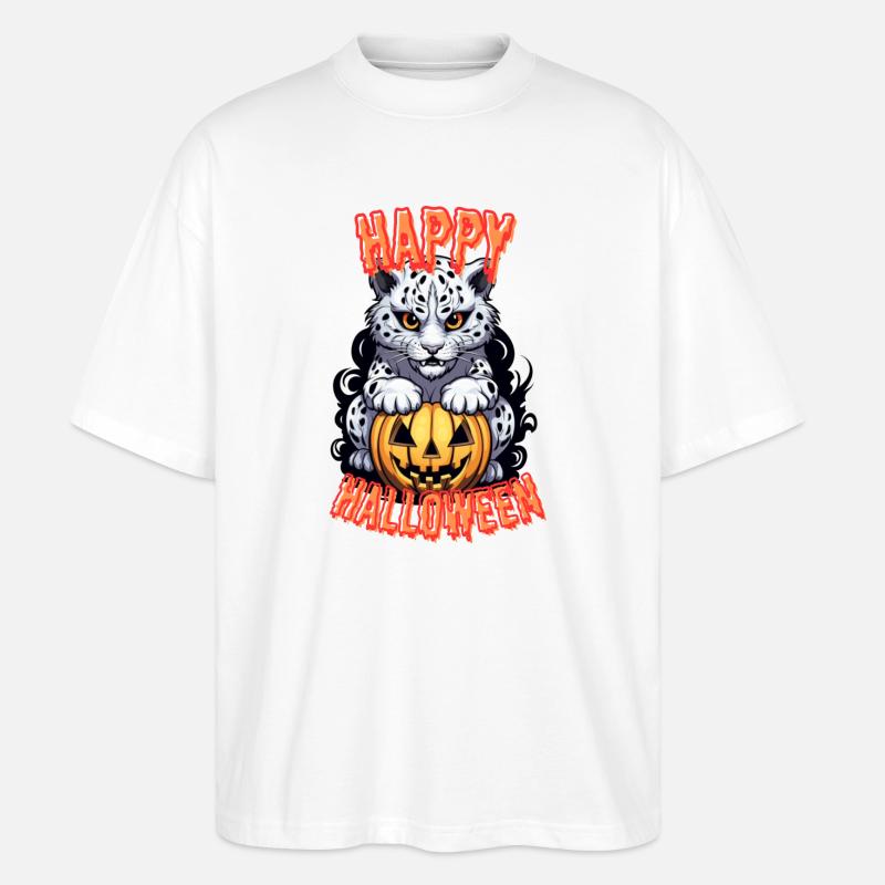 Halloween Schnee-Leopard mit Kürbis - Stanley/Stella Oversized Unisex Bio T-Shirt Blaster 2.0 - Weiß