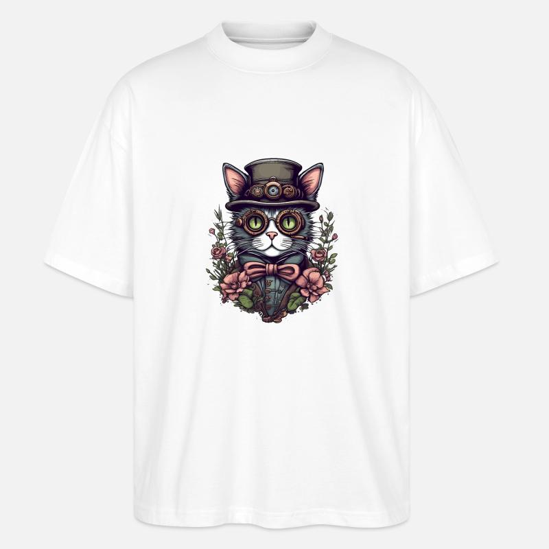 Steampunk Katze - Stanley/Stella Oversized Unisex Bio T-Shirt Blaster 2.0 - Weiß