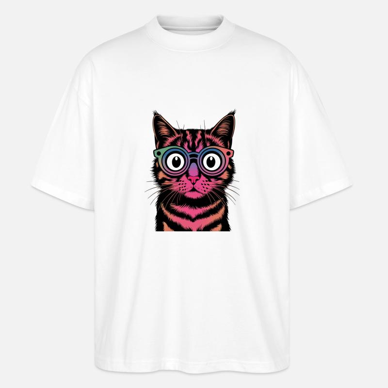 Regenbogen-Katze mit Brille - Stanley/Stella Oversized Unisex Bio T-Shirt Blaster 2.0 - Weiß