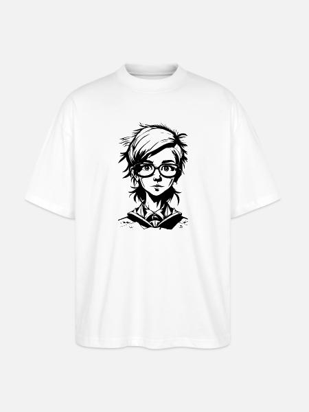 Manga pige - skolepige med briller - Stanley/Stella Oversize Unisex Øko T-shirt Blaster 2.0 - hvid
